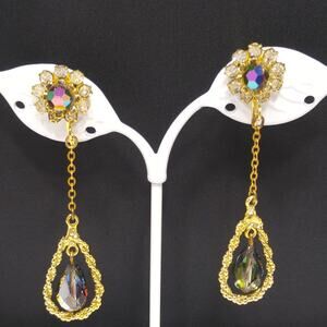 Vintage Czech Peacock Bead Dangle Earrings Floral Rhinestone Gold Tone 1960s